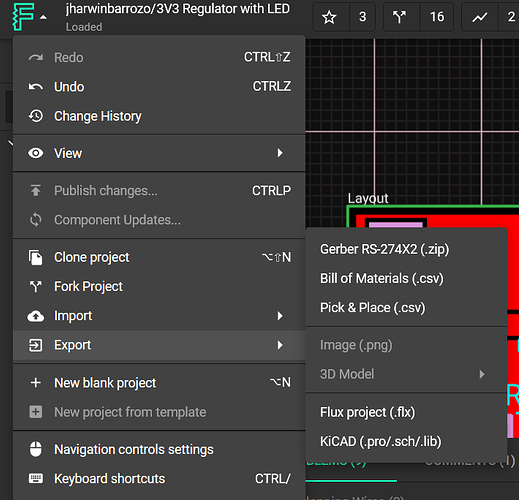 Navigating to the Gerber output option in flux.ai