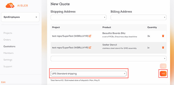 Shipping options when creating a SmartQuote on AISLER