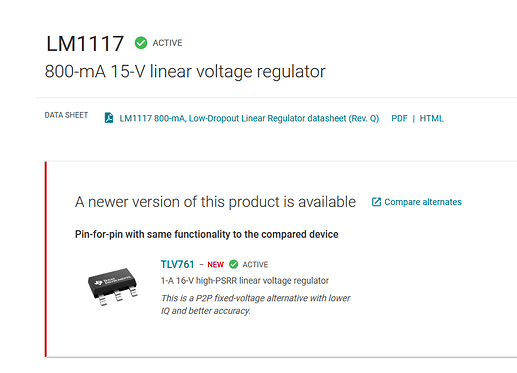 Manufacturers may recommend alternative components for new products or revisions. (Screenshot from ti.com)