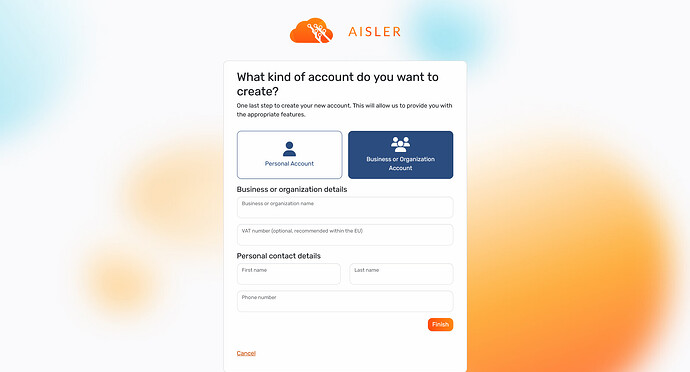 Screenshot of the AISLER Account Setup with organization details form