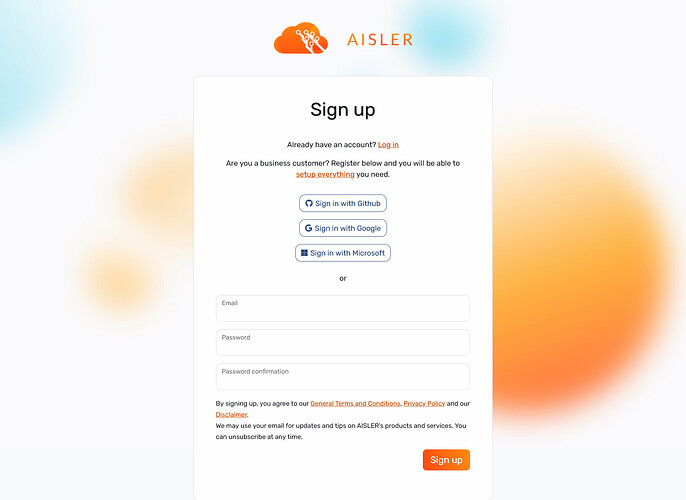 Screenshot of the AISLER sign up page