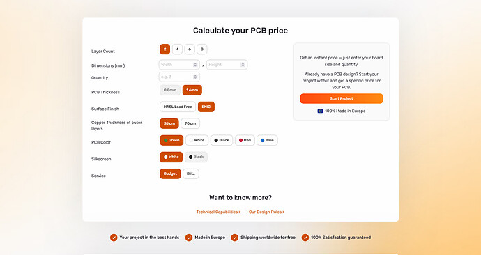 Screenshot of the new AISLER online PCB Price Calculator showing input fields for printed circuit board dimensions, quantity, and a toggle for Blitz manufacturing.