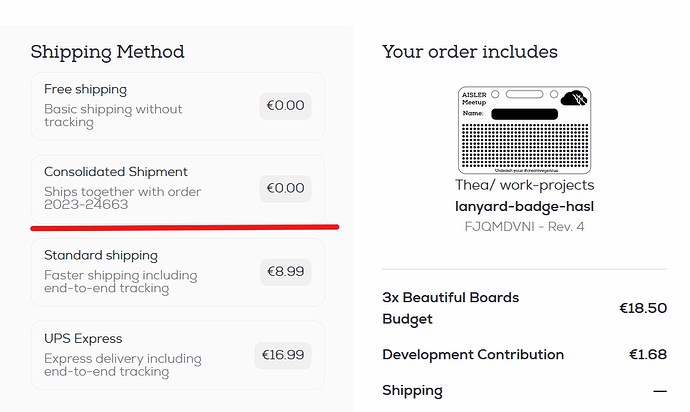 Checkout screen at AISLER showing various delivery options, highlighting free shipping and the consolidated shipment method for combined orders at no extra cost, alongside standard and UPS Express rates for custom PCB orders.