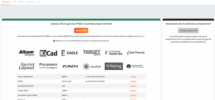 Get started screen – showing PCB upload on the left and "Create parts list" for components only on the right
