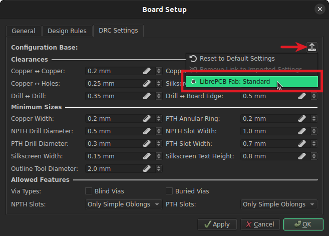 LibrePCB DRC setting import
